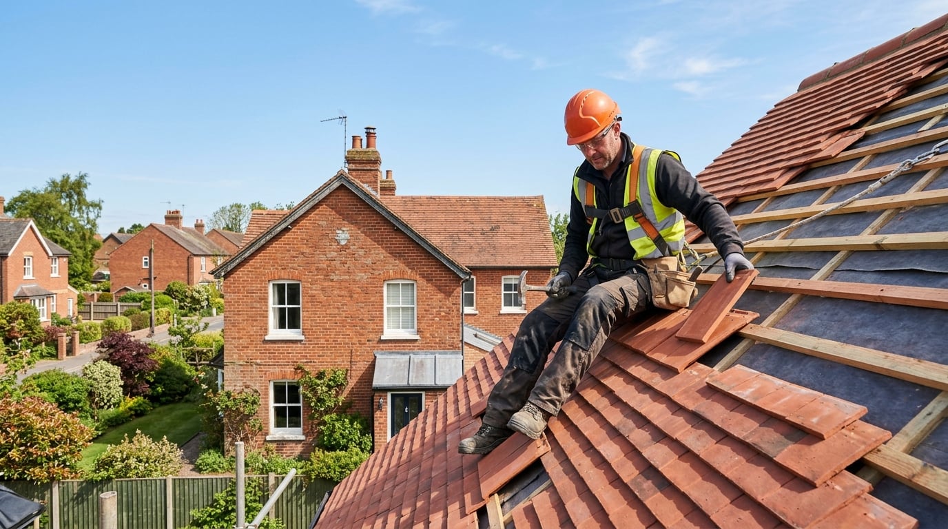 Roofer installing terracotta tiles on a pitched roof